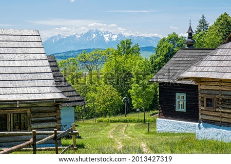 Open-air museum in Stara Lubovna with High Tatras mountain, Slovak republic. Architectural theme. 