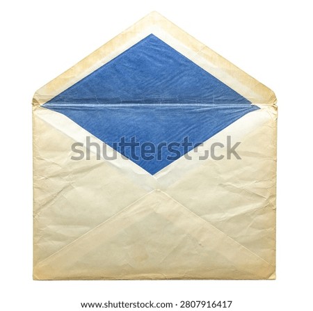 Opened aged paper envelope with blue security lining, isolated, suitable for correspondence, postal mail, private message, document delivery and archival communication concepts.
