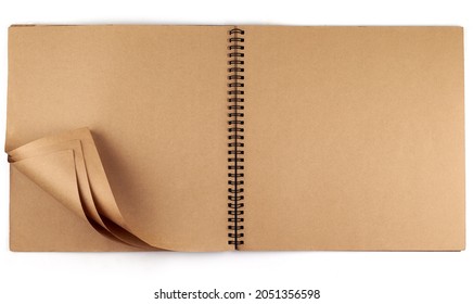 Opened Album With Sepia Flipped Pages And Metal Binding Isolated On White Background.