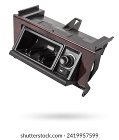 An opened ashtray from panel of car interior separately on a white isolated background with wooden decorative overlay.