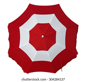 Opened Beach Umbrella With Red And White Stripes Isolated On White. Top View. Clipping Path Included.