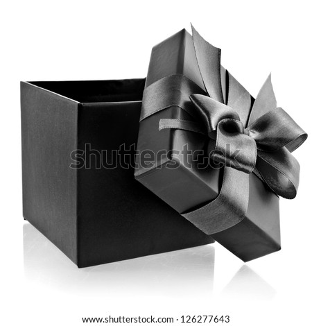 opened black box wrapping ribbon bow isolated on white