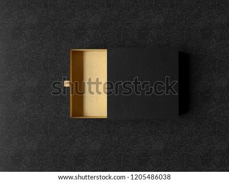 Opened Black Gift Box Mockup on black background, 3d rendering. Luxury packaging box for premium products