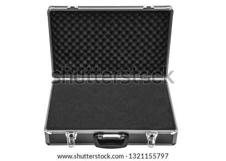 Opened black padded aluminum briefcase case with metal corners isolated on white background