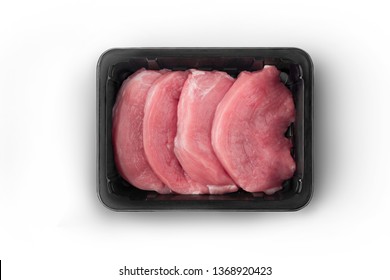 Opened Black Plastic Tray With Raw Meat Schnitzels Top-view.  Packaging Template Mockup Collection. With Clipping Path Included.