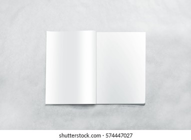 Opened Blank Magazine Pages Mockup, Isolated On Textured Background. White Journal Mock Up Lying On Desk. Catalog Spread Template. Empty Notebook Booklet Design Inside. Clear Book Center Presentation.