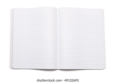 Opened blank notebook isolated on white with soft shadow.
