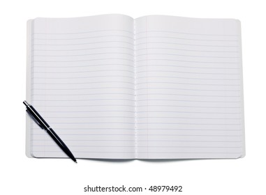 Opened blank notebook with a open on it, isolated on white background.