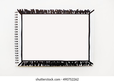 Opened blank notebook page modern banner with black marker painted simple abstract frame texture background isolated on white Copyspace for text advertising planning writing creating art design 