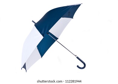 Opened Blue And White Umbrella Isolated On White Background