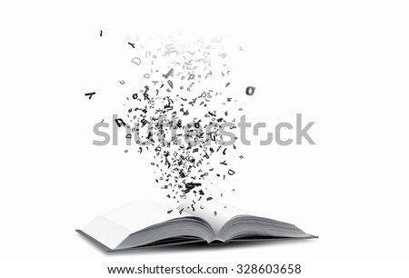 Opened book with characters flying of pages