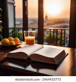 Opened book on a breakfast table , mock-up series ready for your design
