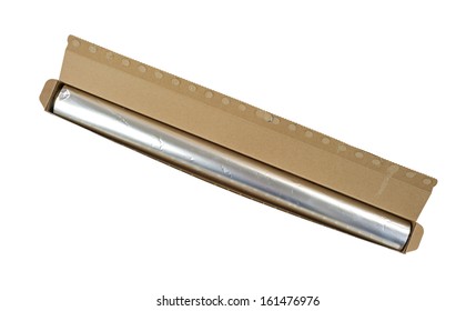 An Opened Box Of Aluminum Foil Used For Food Storage On A White Background.