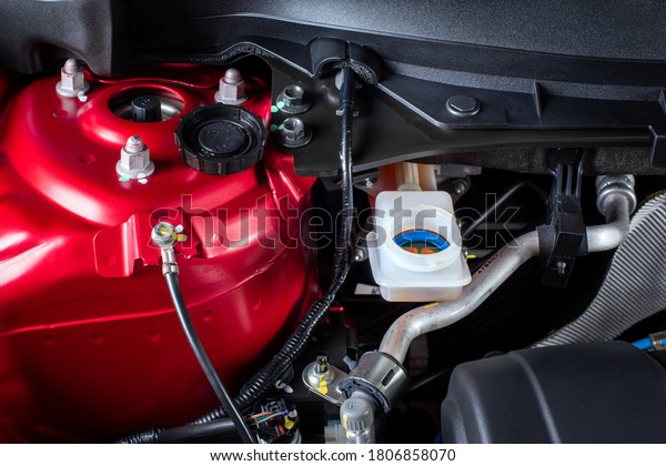 Opened brake fluid tank, check brake fluid. Car\
maintenance concept.
