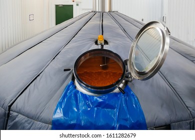 Opened Brewing Vat. Fermentation Of Beer Wort Inside.