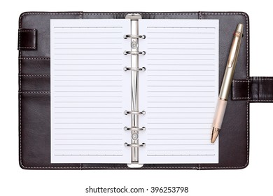opened brown leather notebook and ballpoint pen isolated on white background 