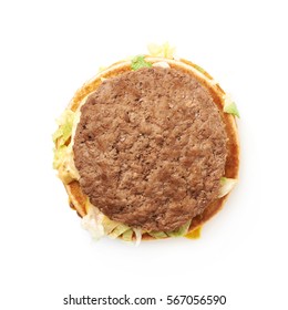 Opened Burger Sandwitch Isolated Over The White Background, Top View Above