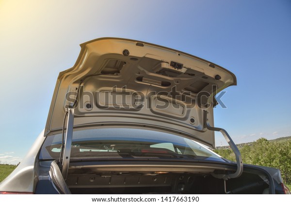 Opened car trunk with luggage on\
blue background. Car with luggage in countryside. back view of\
opened car trunk packed full of luggage bags in nature\
camp.