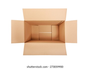 Opened Cardboard Box Isolated On White Background. Top View.