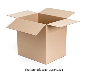 Opened cardboard package, isolated, white background