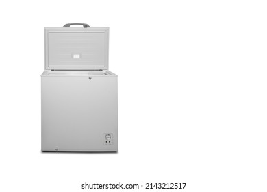 Opened chest freezer isolated on white background