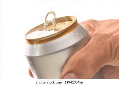 Opened Cold Beer Can In Man Hand Isolated White Background