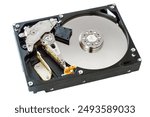 Opened computer hard drive isolated on white background. Hard drive close-up.