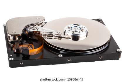 Opened computer hard drive isolated on a white background 