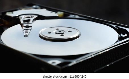 Opened computer hard drive with reading head