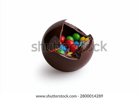Opened dark chocolate sphere containing vibrant round candies