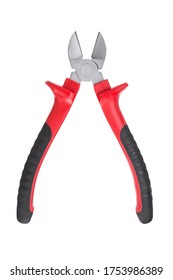 Opened diagonal pliers with rubber red handle isolated on a white background.