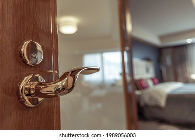 Opened Door Hotel Room Bedroom Background Stock Photo 1989056003