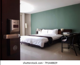 Opened Door Of Hotel Room Single Bed Luxury For Family Or Couples Or Girlfriend In Happy Day Or Celebrate,holiday Or Honeymoon Or Valentine Day. Image Of Hotel Room Or Bedroom,resort,hostel,homestay