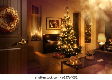 Opened Door Reveals Warm Feeling Living Room With Christmas Tree And Presents