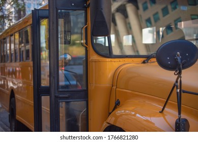 Opened Doors In Yellow Empty School Bus. 