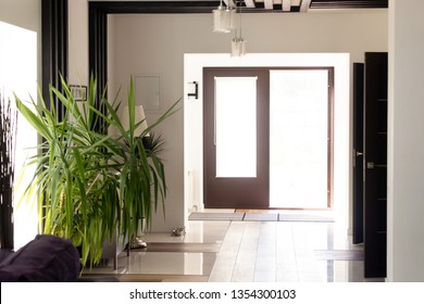 Opened Doorway Entrance Of Modern Contemporary Cozy Luxury House Waiting For Owners At Sunny Summer Moving Relocating Day, No People Empty Hallway. Buy Home, Loan Mortgage, Welcome In New Life Concept