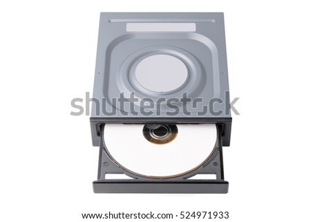 opened drive CD - DVD - Blu Ray with a black cap and white disk on a white background, CD-ROM, DVD-ROM, BD-ROM