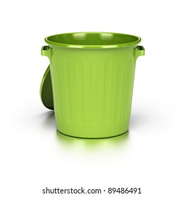 Opened And Empty Green Trash Bin Over A White Background With Reflection.