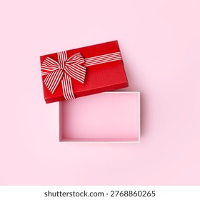 Opened empty horizontal pink red  box top view, femenine style container,product promotion template, display.Showcase.Mother's Valentine's day.