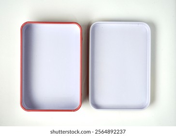 Opened empty metal storage box container organizer isolated on horizontal white background.
