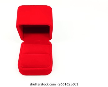 Opened Empty Red Ring Box Isolated on White Background with Negative Space on The Right Side.