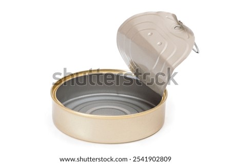 Opened Empty Tin Can Isolated on White Background. Clean Used Aluminum Can - Isolation. Non-Degradable Inorganic Waste