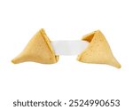 Opened fortune cookie with a empty piece of paper inside, a "fortune". Empty paper to fill in yourself. White color studio background.