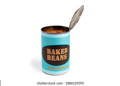 An Opened Generic Labelled Can Of Baked Beans Isolated On White