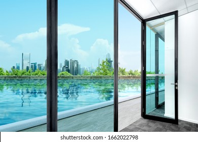 Opened glass door with pond view and skyscrapers background