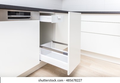 Opened Kitchen Drawer With High Front For Garbage Bin And Inner Drawer Inside For Sundries And Other Small Objects 