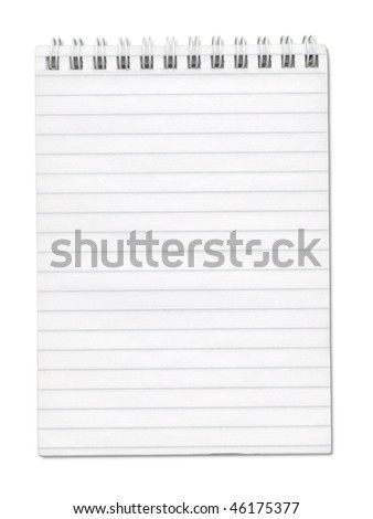 Opened notebook with spiral on top and lines on the pages. Isolated on white. Clipping path included.