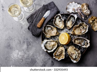 Opened Oysters Fines de Claire on plate and white wine on gray concrete texture background