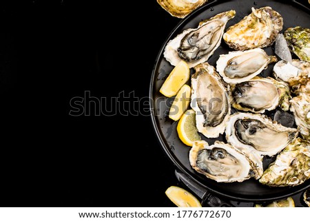 Opened oysters, ice and lemon on a black background. [[stock_photo]] © 