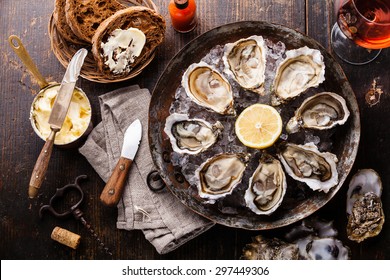 Opened Oysters on metal copper plate with dark bread with butter and rose wine on dark wooden background